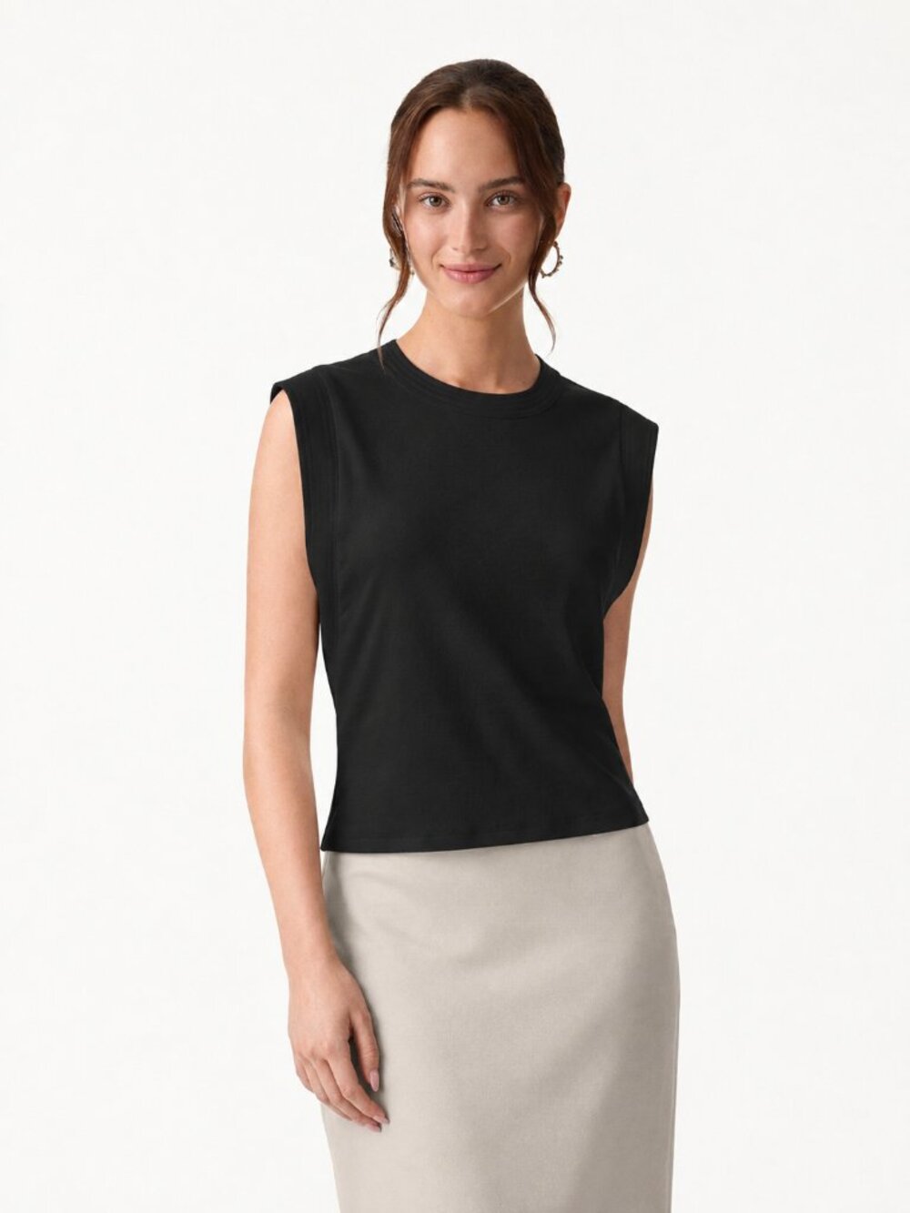 NWT OGL Soft Cotton Lyocell Cropped Wide Shoulder Tank Black Large